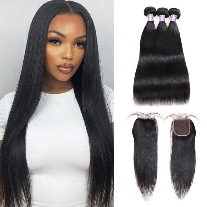 Brazilian Bone Straight Hair 3 Bundles with HD Transparent 4*4 Lace Closure