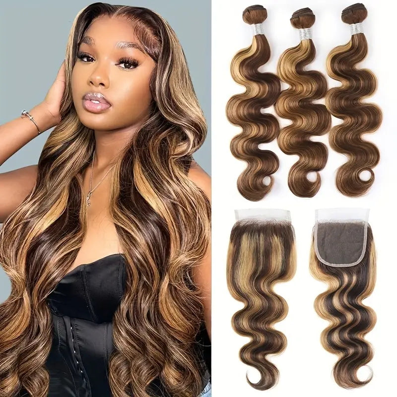 Allove Hair offers stunning hair bundles with closure, featuring the captivating body wave texture and gorgeous P4/27 highlight color. Elevate your style effortlessly with these high-quality extensions. With overnight shipping, you can enjoy a fabulous new look in no time.