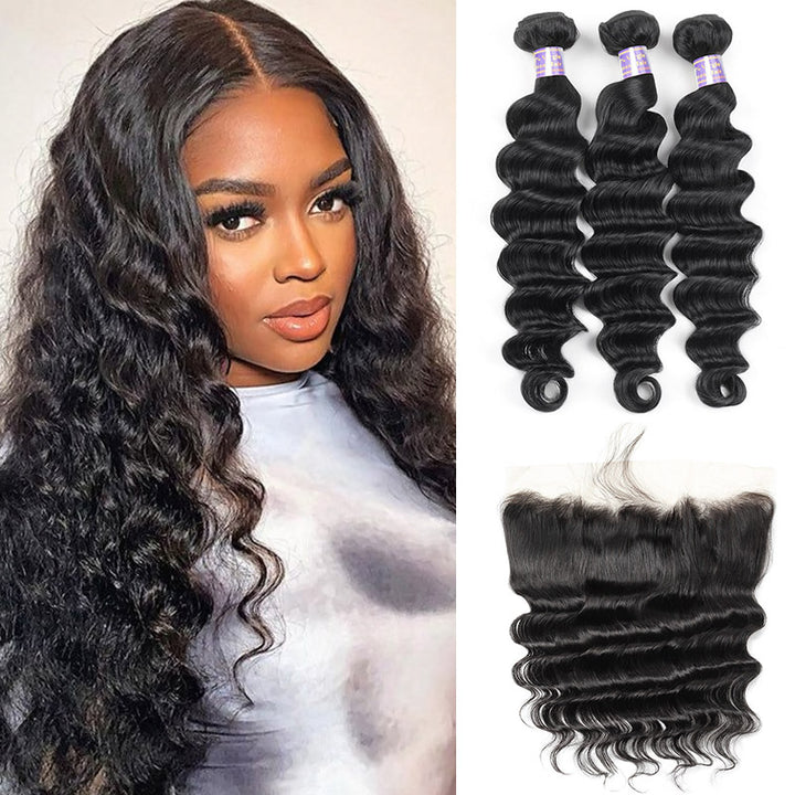 Indian Loose Deep Wave 3 Bundles with HD 13*4 Lace Frontal Virgin Human Hair