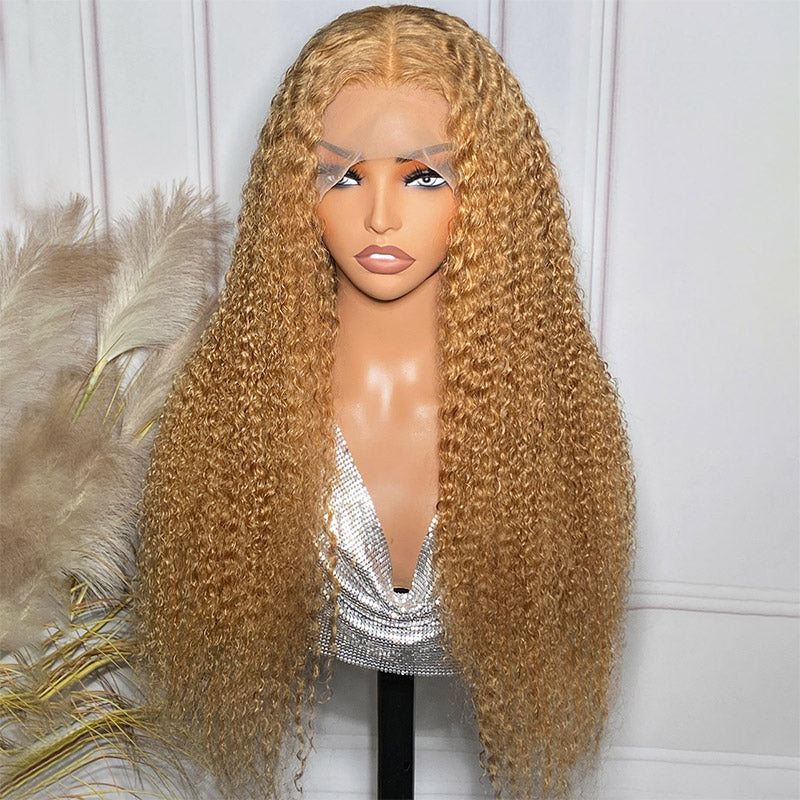 #27 Honey Blonde Curly Hair 13*4 Hd Lace Front Human Hair Wig With Pre Plucked