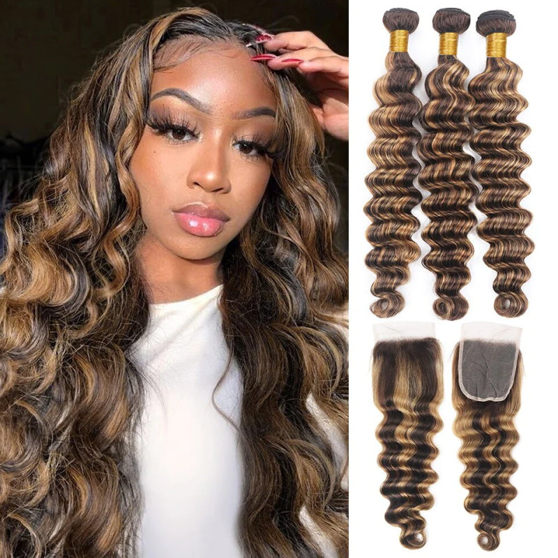 Transform your look with Allove Hair's luxurious loose deep wave hair bundles, featuring a stunning P4/27 highlight color that adds dimension and vibrancy. This collection includes a 4x4 lace closure for a natural finish, making it perfect for a seamless sew-in. Whether you're looking to achieve a glamorous style or effortless waves, these high-quality bundles ensure you'll turn heads wherever you go!