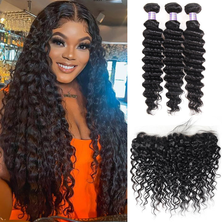 Brazilian Deep Wave 3 Bundles with Transparent 13*4 Lace Frontal Human Hair