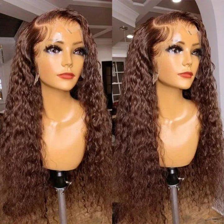 #4 Chocolate Brown 13×4 Lace Front Water Wave Human Hair Wig 180% Density Colored Wigs