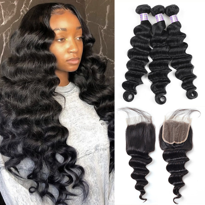 Allove Hair Brazilian Loose Deep Wave Hair 3 Bundles with Transparent 4*4 Lace Closure