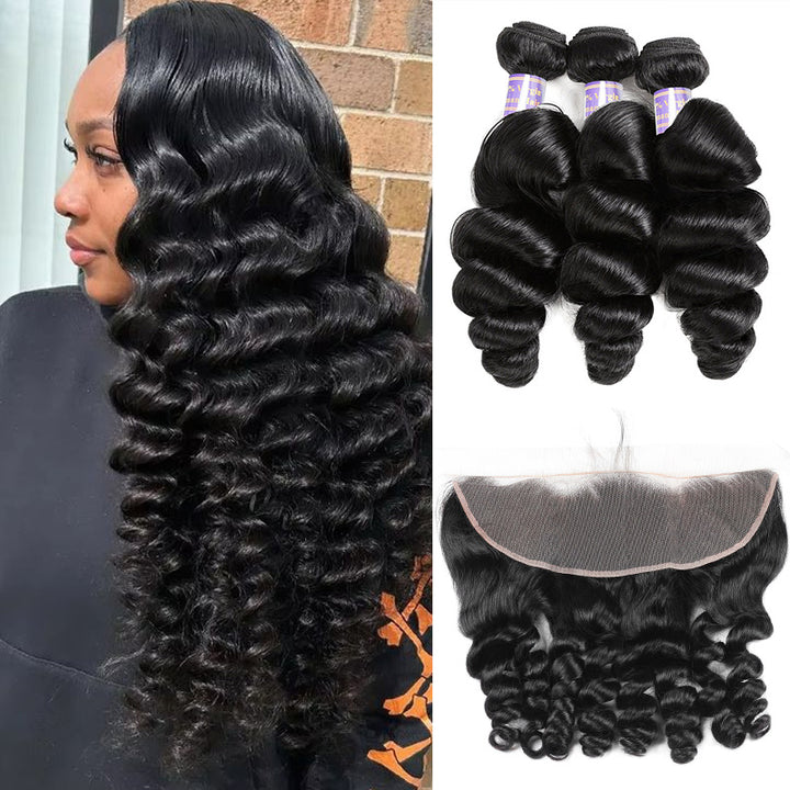 Peruvian Loose Wave Human Hair 3 Bundles With 13x4 HD Lace Frontal Closure