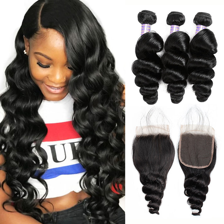 Brazilian Loose Wave Hair 3 Bundles With HD Transparent 4*4 Lace Closure