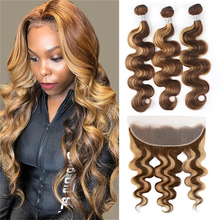 Transform your look with Allove Hair's P4/27 Human Hair Bundles, featuring beautiful body wave textures that add volume and movement to your style. Each bundle comes with a 13x4 lace frontal, allowing for versatile styling and a natural hairline. This stunning colored hair blends effortlessly, offering a radiant highlight effect that's perfect for any occasion.