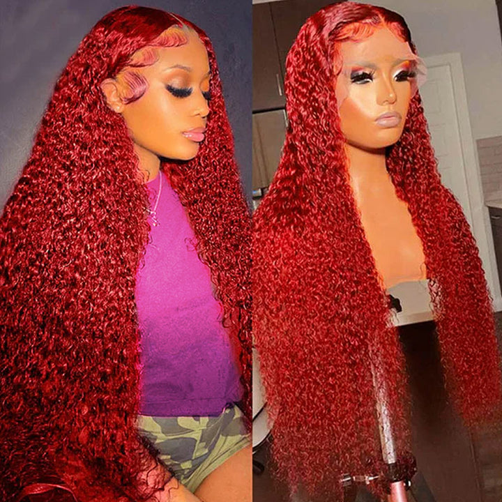 32Inch Hot Red Kinky Curly 13x4 Lace Front Human Hair Wigs With Pre Plucked Glueless Wig - AlloveHair