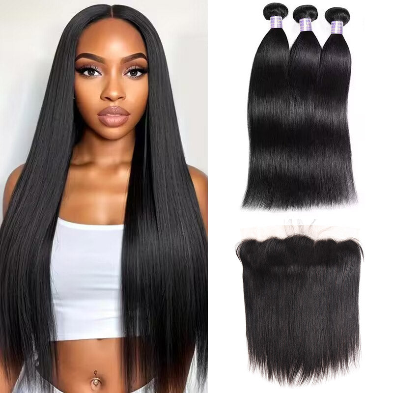 Discover the luxurious Allove Hair Straight Bundles with Frontal, crafted from premium Peruvian human hair. This affordable sew-in option provides a sleek and sophisticated look while ensuring durability and versatility for styling. Perfect for creating a gorgeous hairstyle, these bundles blend seamlessly with your natural hair, giving you the confidence to flaunt your beautiful locks every day!