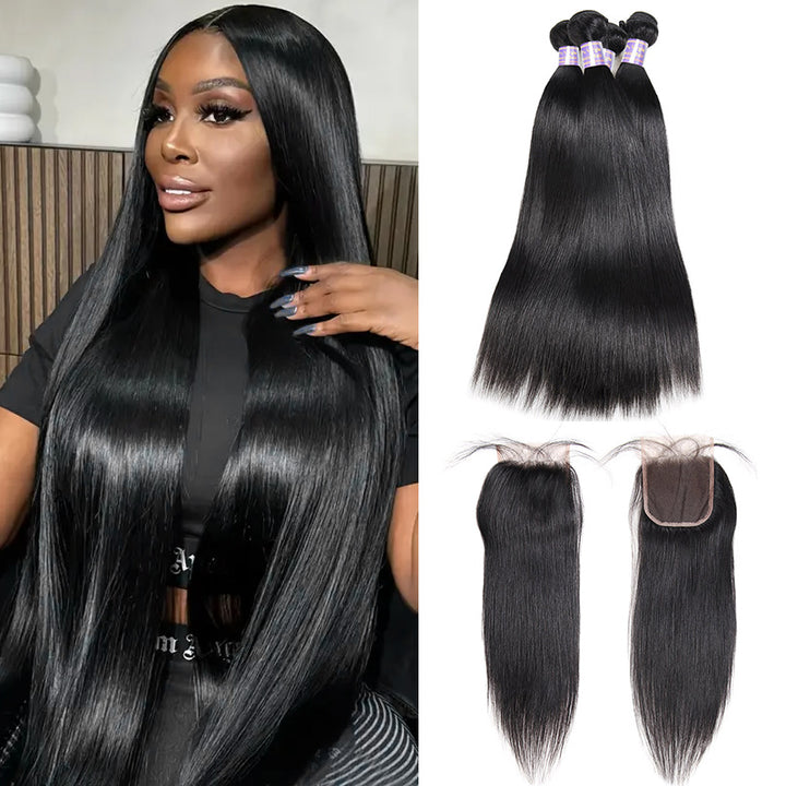 Indian Straight 4 Bundles With 4*4 Lace Closure Virgin Human Hair