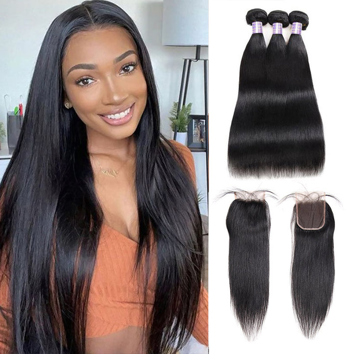 Malaysian Bone Straight Hair 3 Bundles with 4x4 Transparent Lace Closure Human Hair Weave