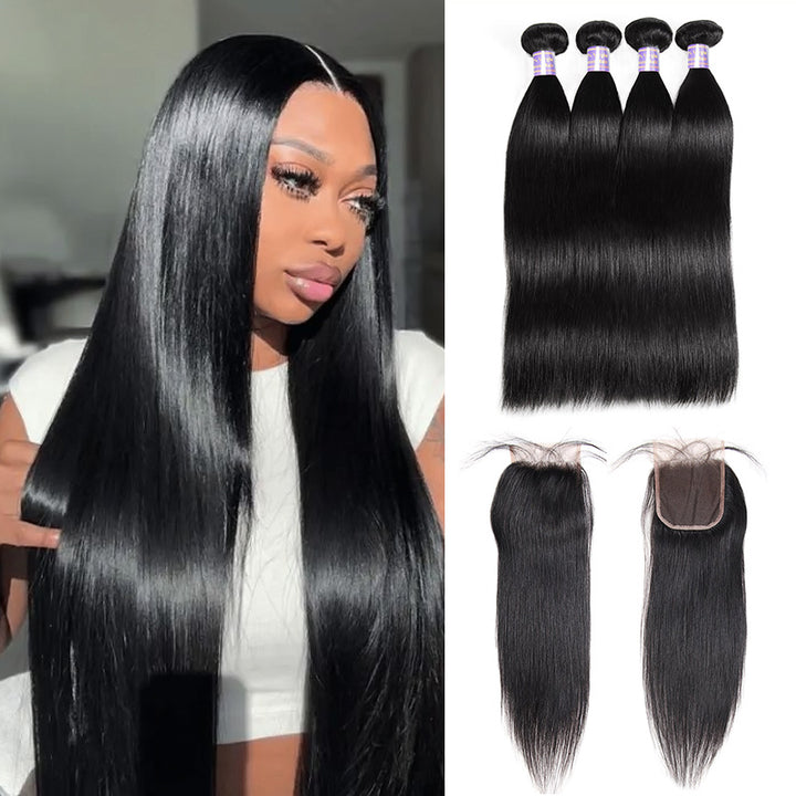 Allove Hair Peruvian Straight Hair 4 Bundles With 4*4 Lace Closure