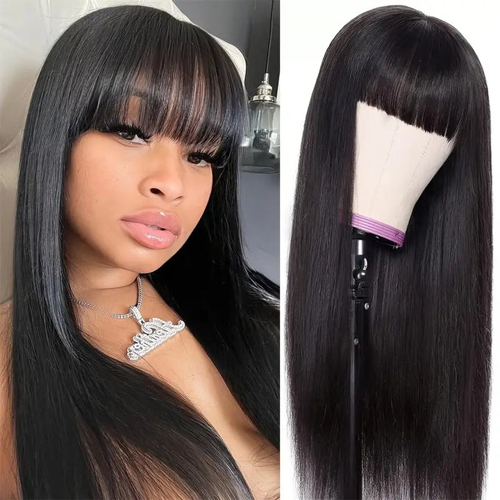 Introducing the stylish Allove Hair straight wig with bangs, a perfect blend of chic and convenience. This glueless wig is designed for easy application, ensuring a comfortable fit without the hassle. Made from high-quality human hair, it offers a natural look and feel that you’ll love. Best of all, it's affordable, making it an ideal choice for anyone looking to elevate their hairstyle without breaking the bank. Transform your look effortlessly with Allove Hair!