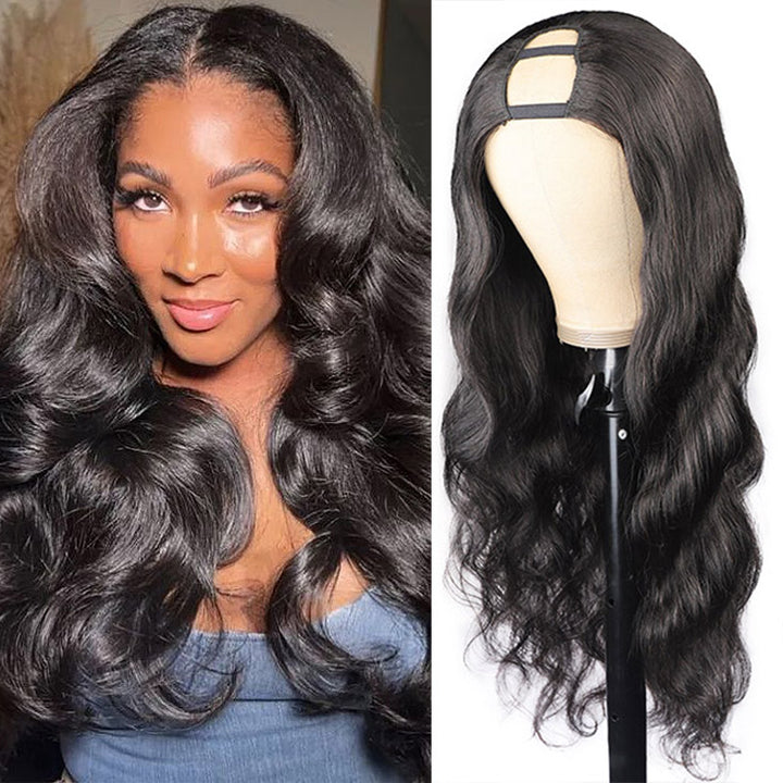 Allove Hair Natural Black Glueless Body Wave Non Lace U Part Wigs