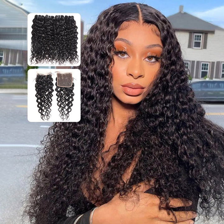 Allove Brazilian Water Wave Human Hair 4 Bundles with 4x4 Lace Closure