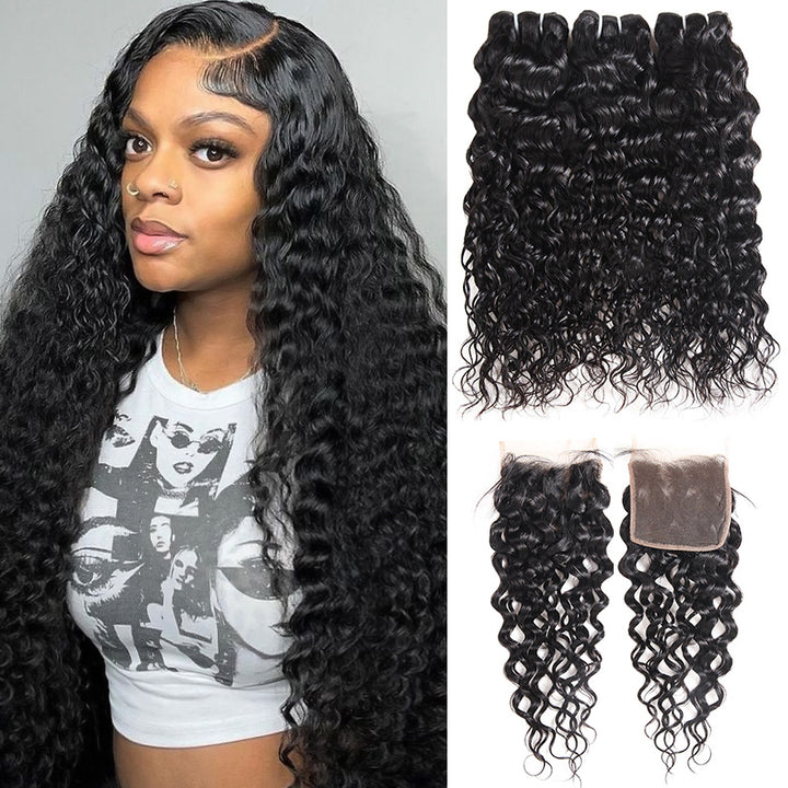 Brazilian Water Wave 3 Bundles with Transparent 4*4 Lace Closure With Baby Hair