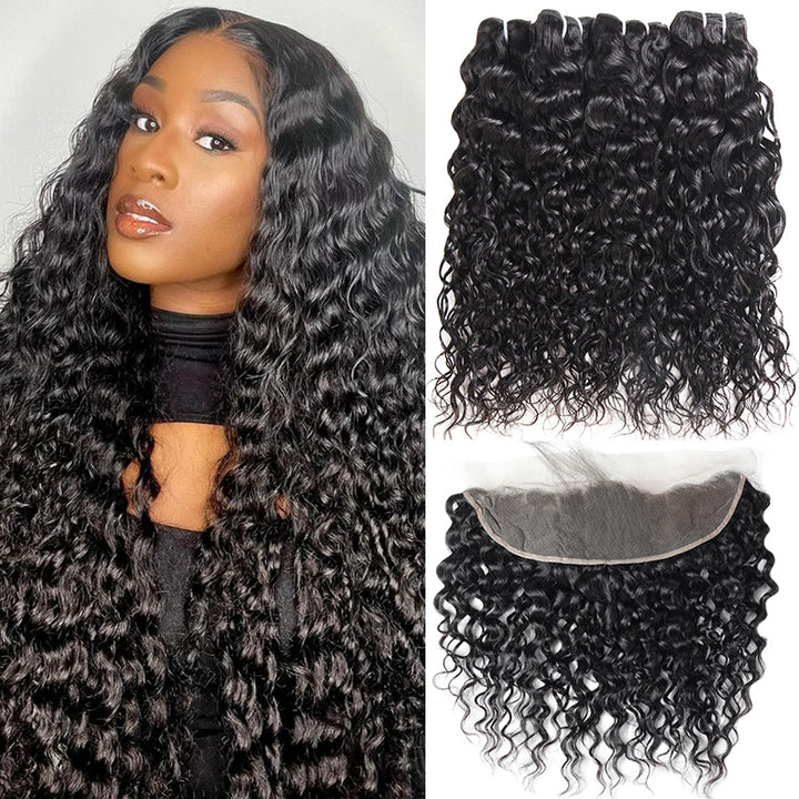 Brazilian Water Wave 4 Bundles With 13*4 Lace Frontal Human Hair