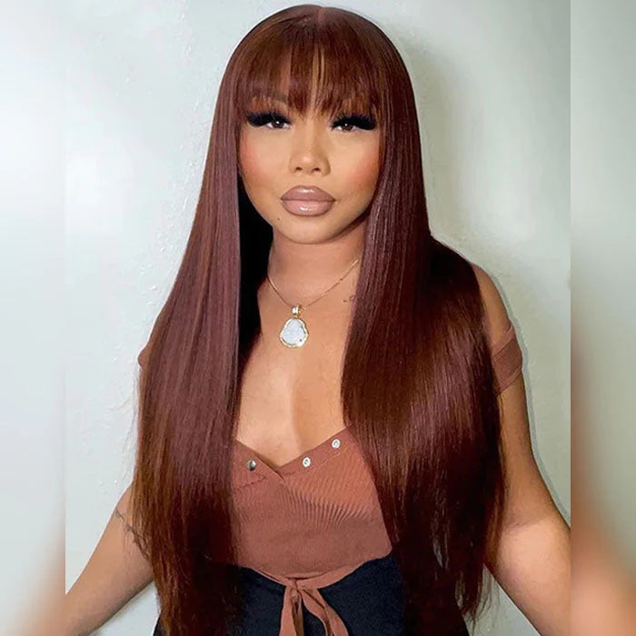 Long brown wig no bangs best sale