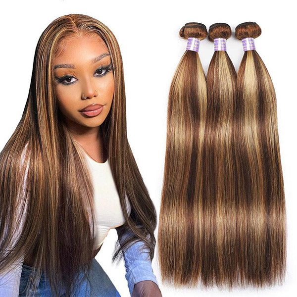 Allove Brown And Blonde Highlight Bundles Bone Straight Human Hair Bundles P4/27 Ombre Bundles Remy Brazilian Hair Weave Bundles