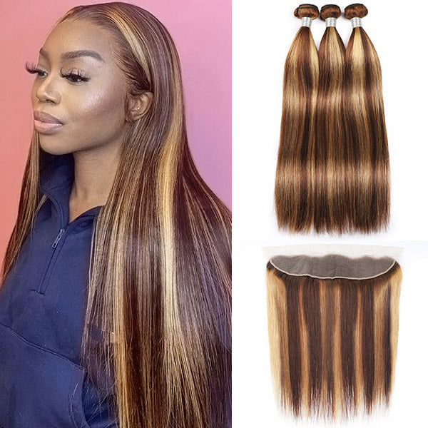 Elevate your style with Allove Hair's Balayage Highlight Straight Hair Bundles. Crafted to perfection, these colored hair bundles feature a stunning balayage highlight that adds dimension and depth to your look. Complete with a 13x4 lace frontal closure, this set is perfect for a seamless sew-in installation.