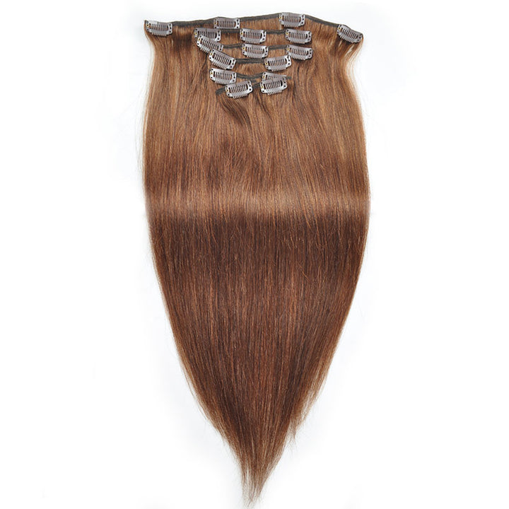 Achieve flawless elegance with our Allove Clip-In Hair Pieces in straight human hair, color #4 Dark Brown. Enhance your natural beauty effortlessly with these luxurious and versatile clip-in extensions that blend seamlessly for a stunning and glamorous look.