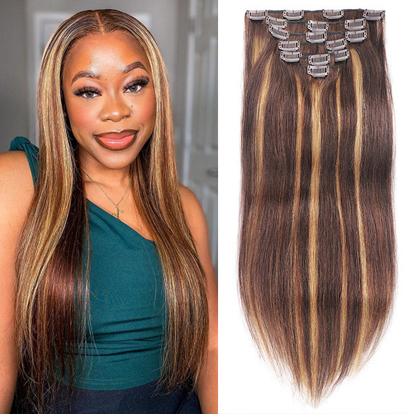 Elevate your look with Allove Clip-On Hair Extensions in luxurious straight hair, featuring a gorgeous p4/27 highlight color blend. Instantly add volume and length to your hair with these premium extensions that are easy to clip on for a seamless and natural appearance.