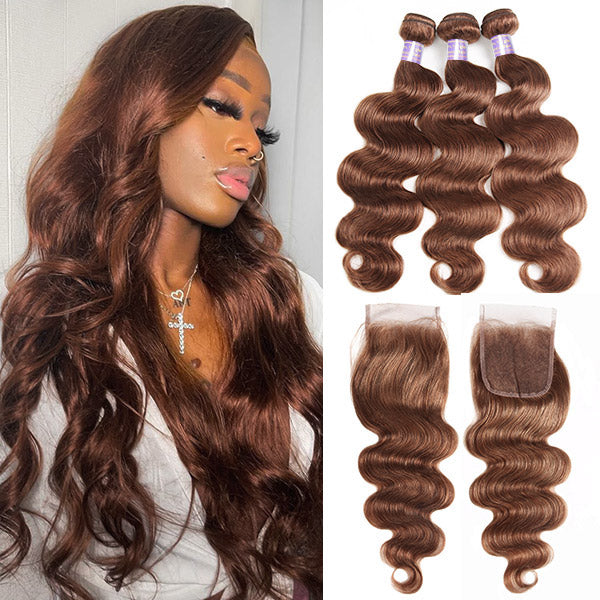 Elevate your hairstyle with Allove Hair Brown Bundles, featuring human hair with a stunning body wave texture. This set includes beautifully matched bundles paired with a 4x4 lace closure for a seamless, natural finish. Perfect for a sew-in installation, the soft waves add volume and movement, making it ideal for any occasion.